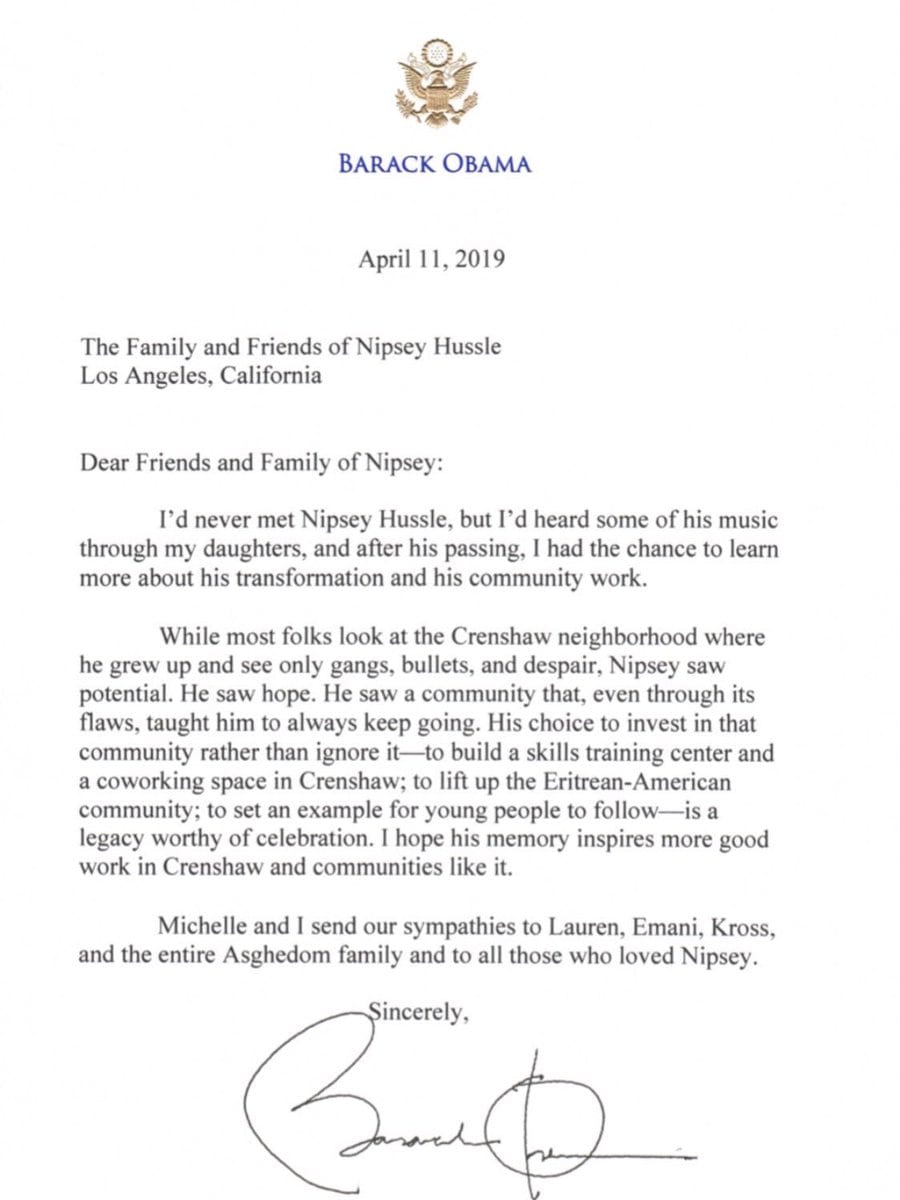 Barack Obama Letter To Nipsey Hussle